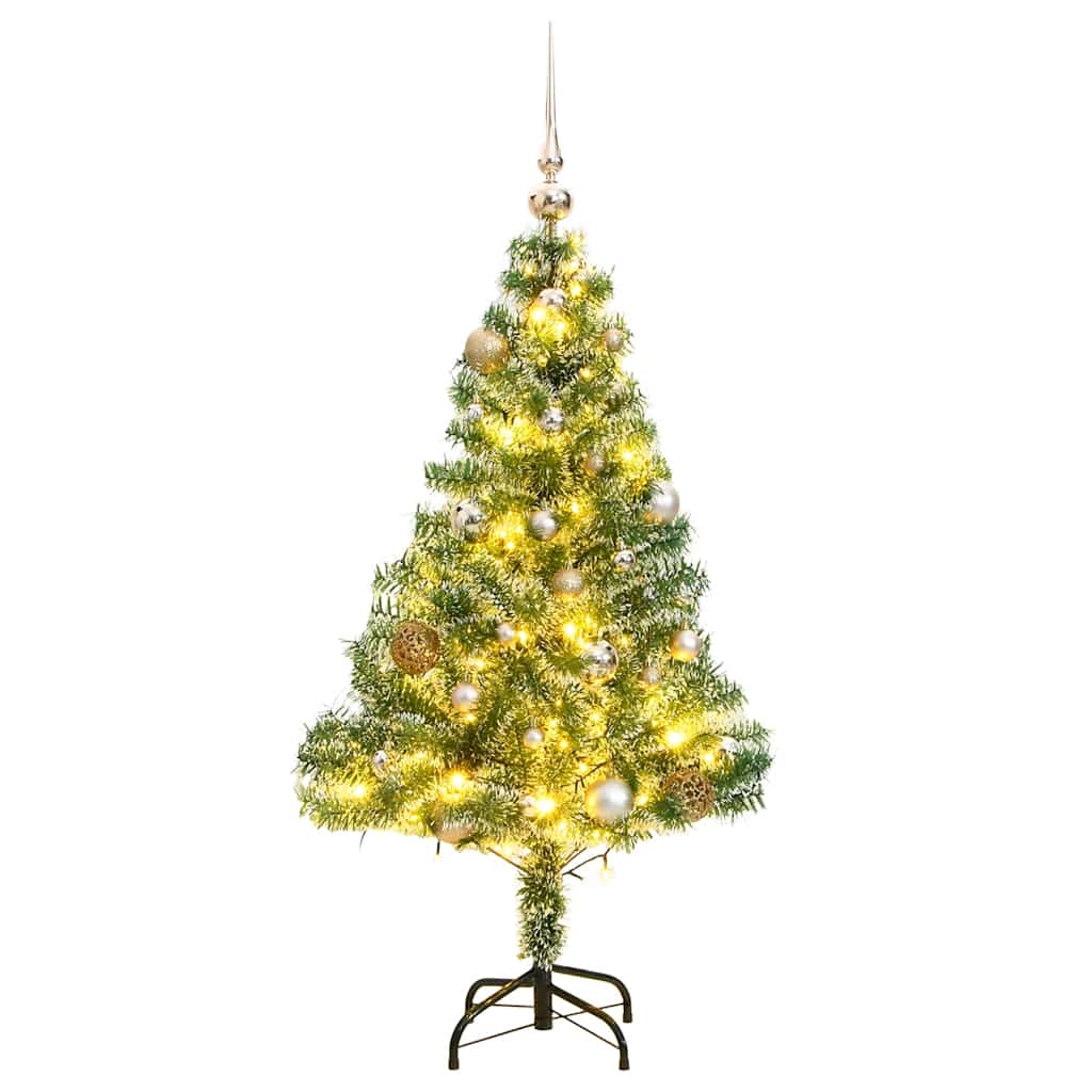 kunstigt juletræ med sne + kuglesæt og 150 LED'er 150 cm
