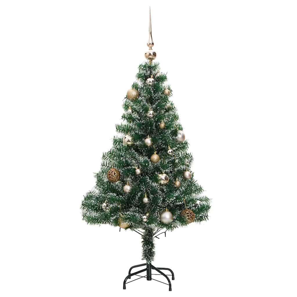 kunstigt juletræ med sne + kuglesæt og 150 LED'er 150 cm