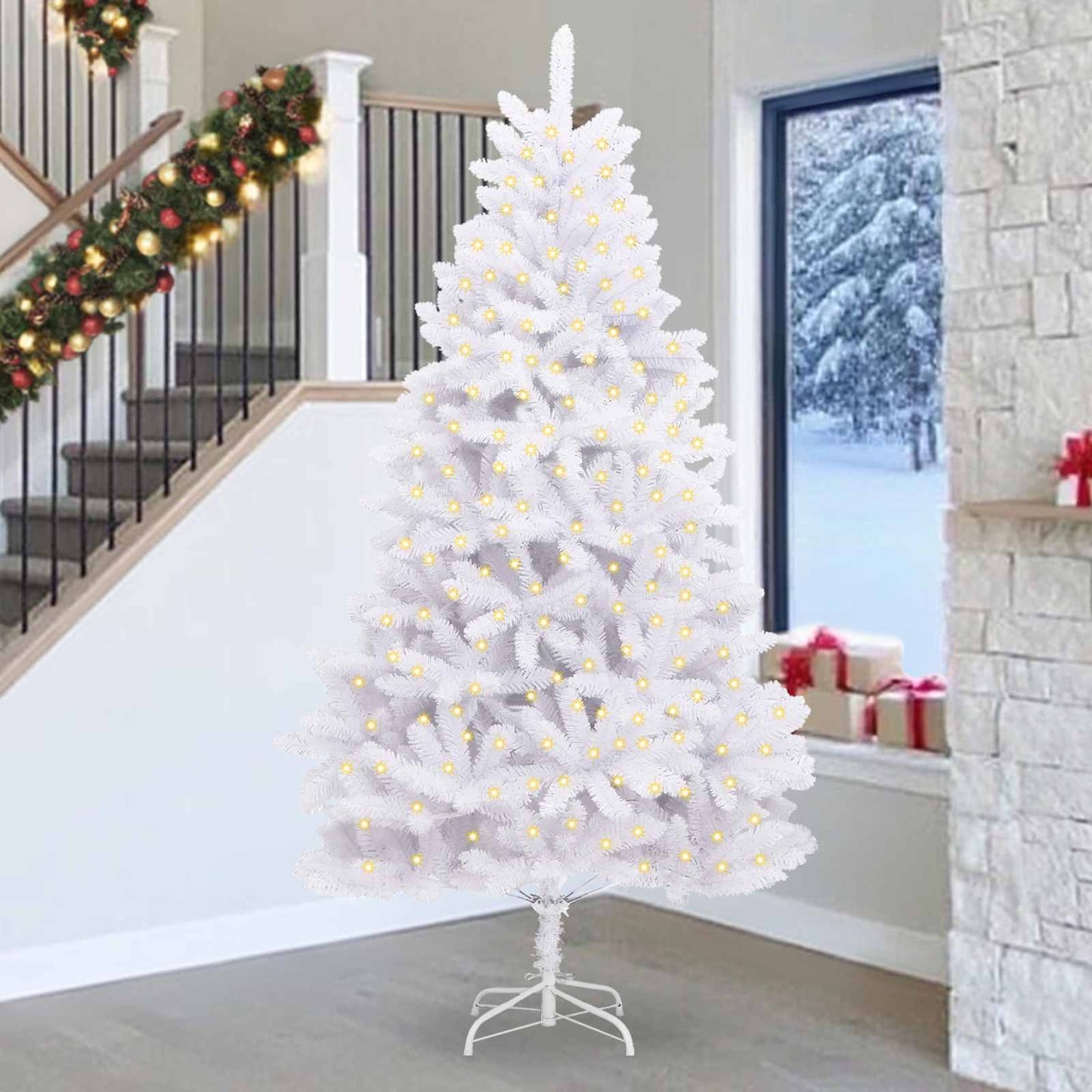 Kunstigt juletræ 300 LED'er PVC og Stål Hvid