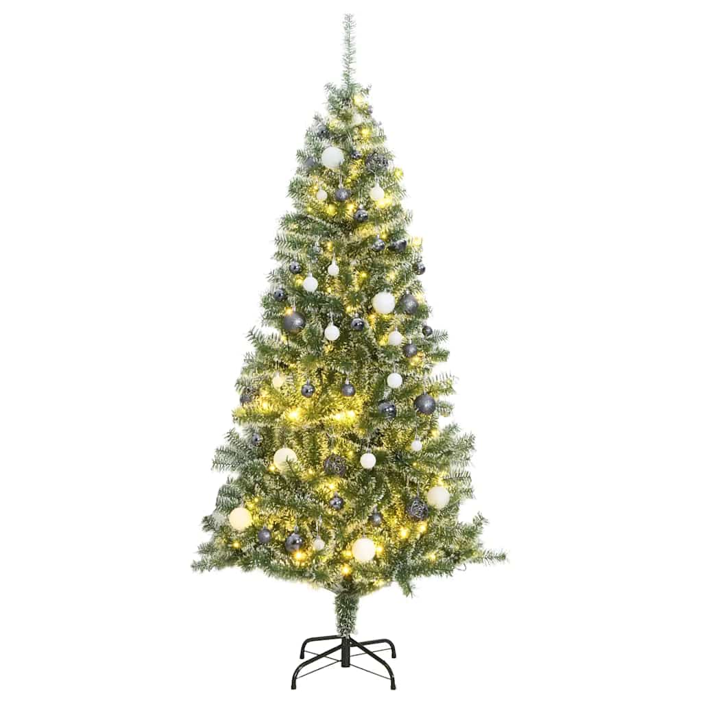 kunstigt juletræ med 300 LED'er + sne og kuglesæt 210 cm