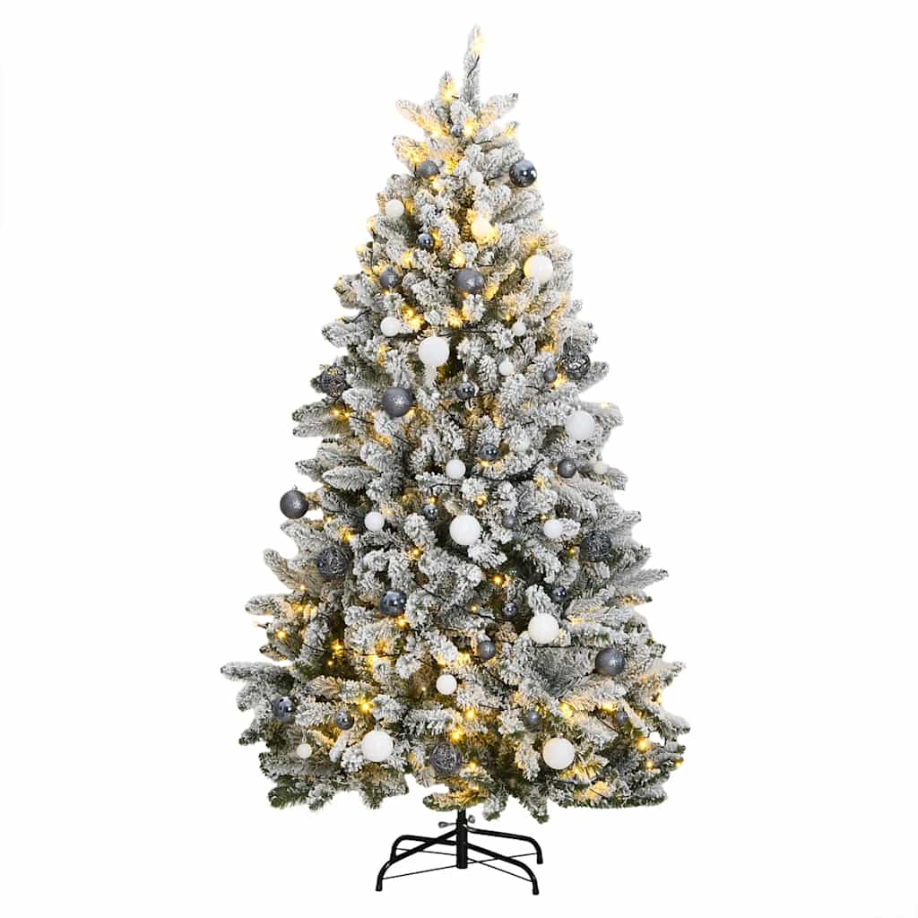 kunstigt juletræ 300 LED'er og kuglesæt hængslet 210 cm