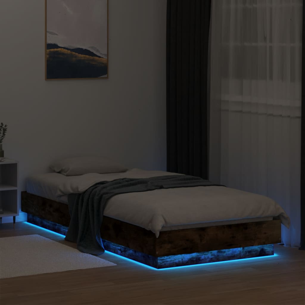 sengeramme med LED-lys 100x200 cm røget egetræsfarve