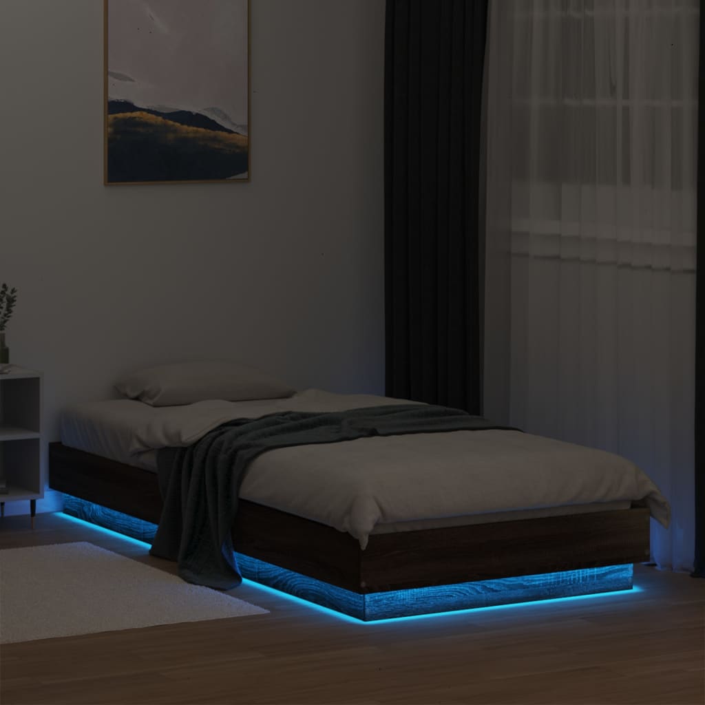 sengeramme med LED-lys 100x200 cm brun egetræsfarve