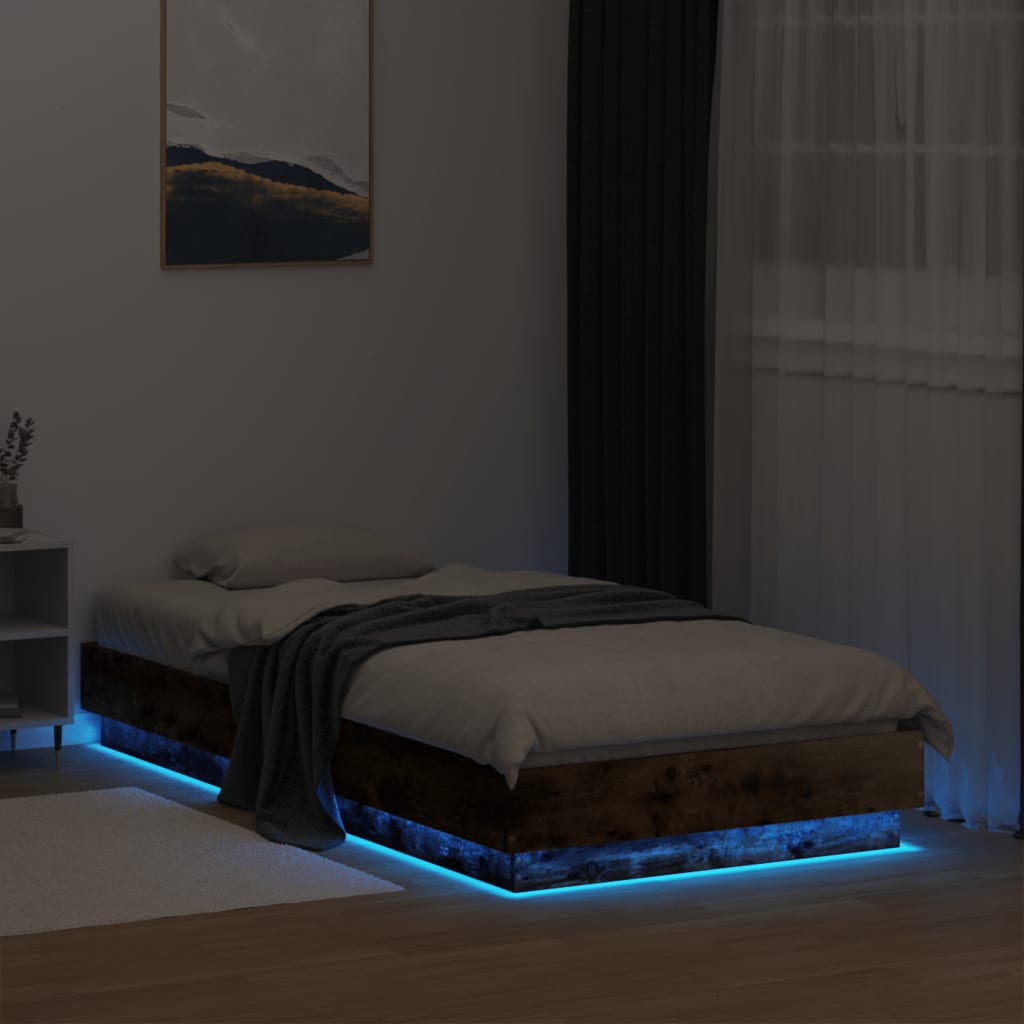 sengeramme med LED-lys 90x190 cm røget egetræsfarve