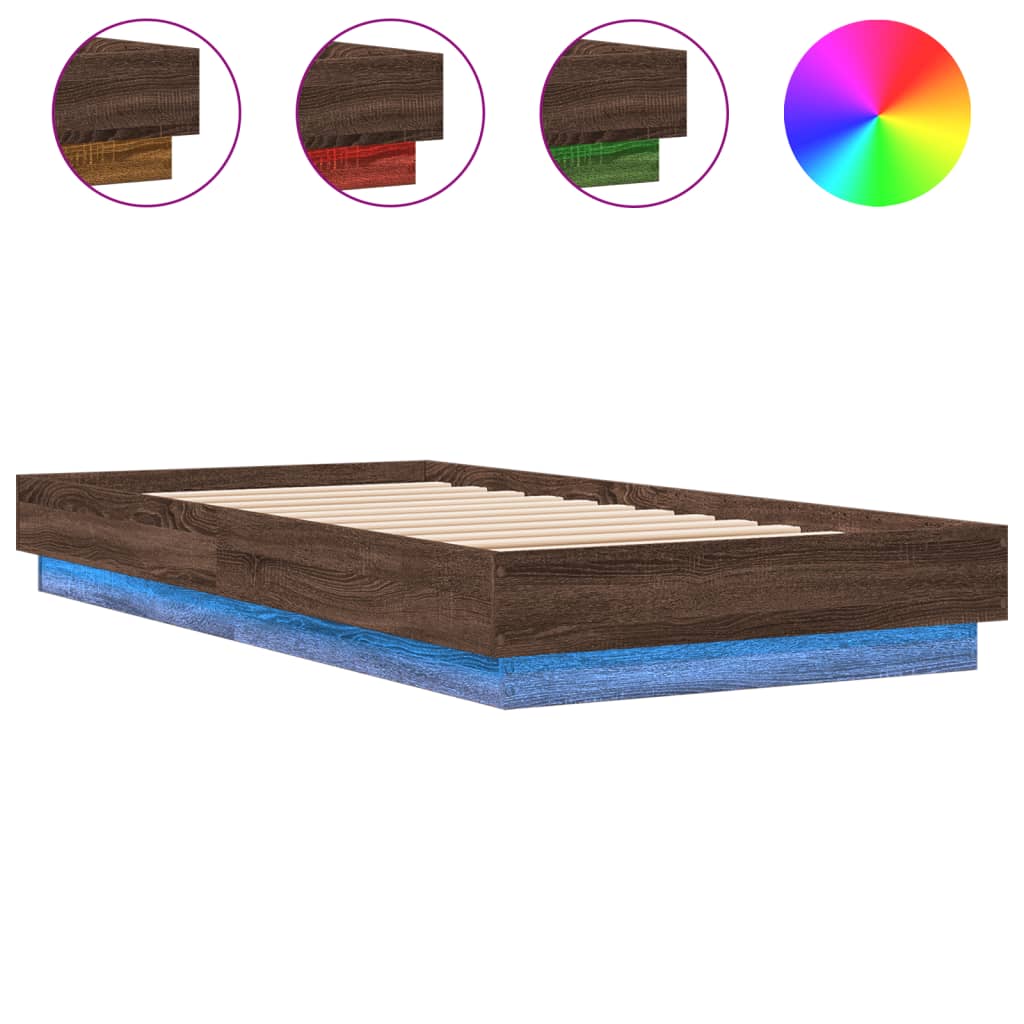 sengeramme med LED-lys 90x190 cm brun egetræsfarve