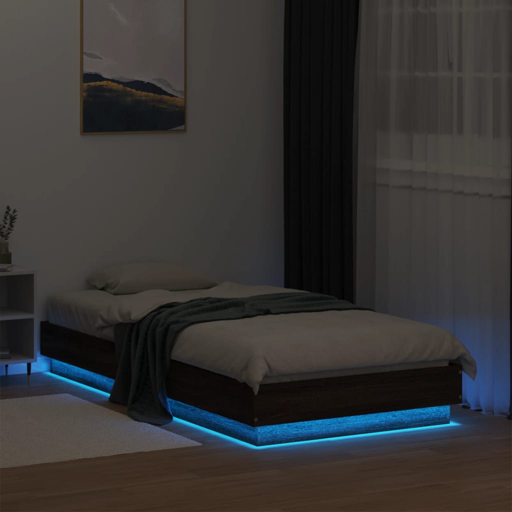 sengeramme med LED-lys 90x190 cm brun egetræsfarve