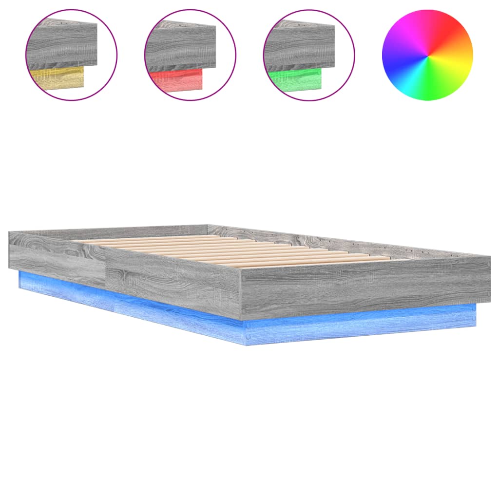 sengeramme med LED-lys 75x190 cm grå sonoma-eg