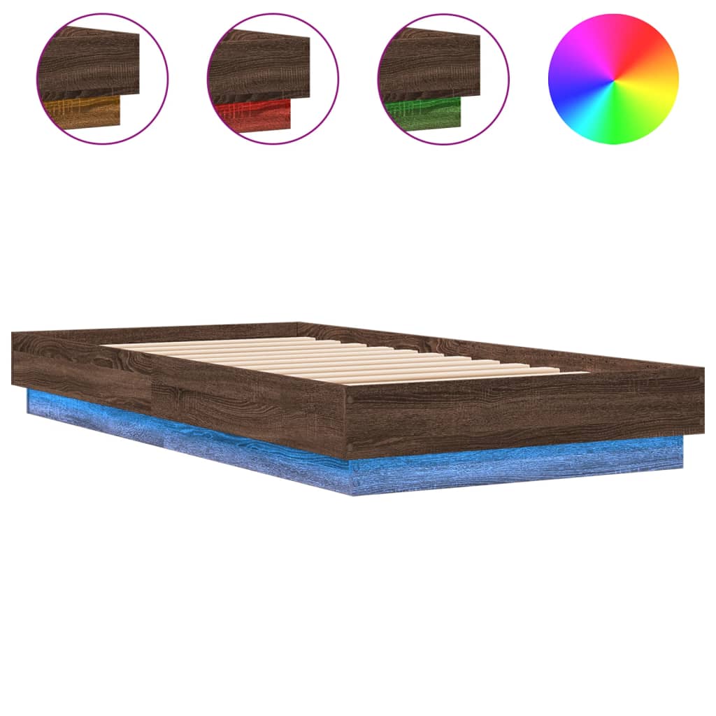 sengeramme med LED-lys 75x190 cm brun egetræsfarve