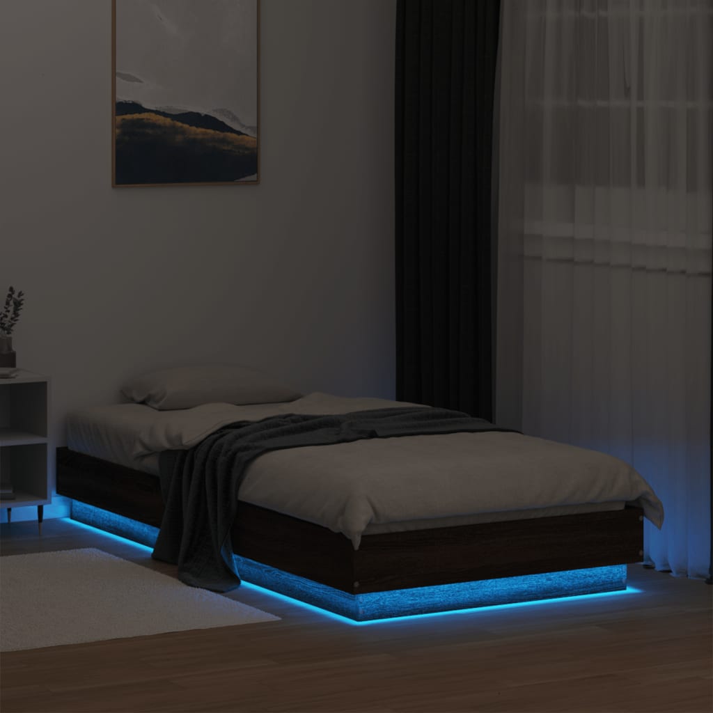 sengeramme med LED-lys 75x190 cm brun egetræsfarve
