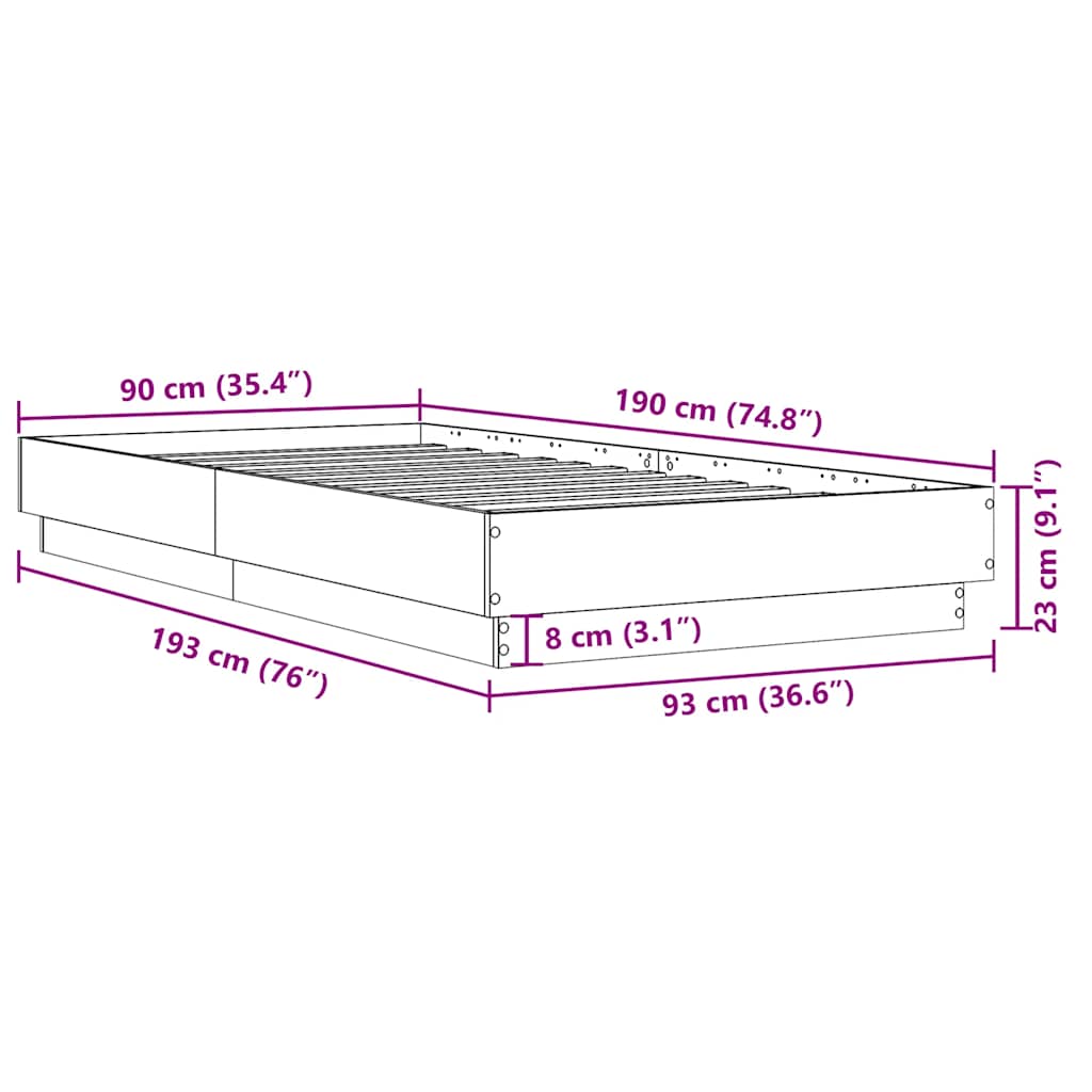 sengeramme 90x190 cm uden madras konstrueret træ sonoma-eg