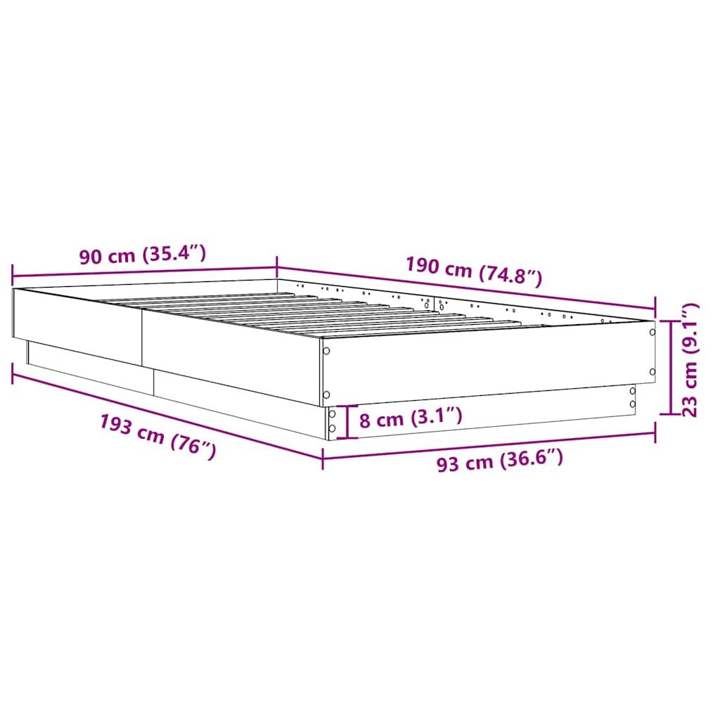 sengeramme 90x190 cm uden madras konstrueret træ brunt eg