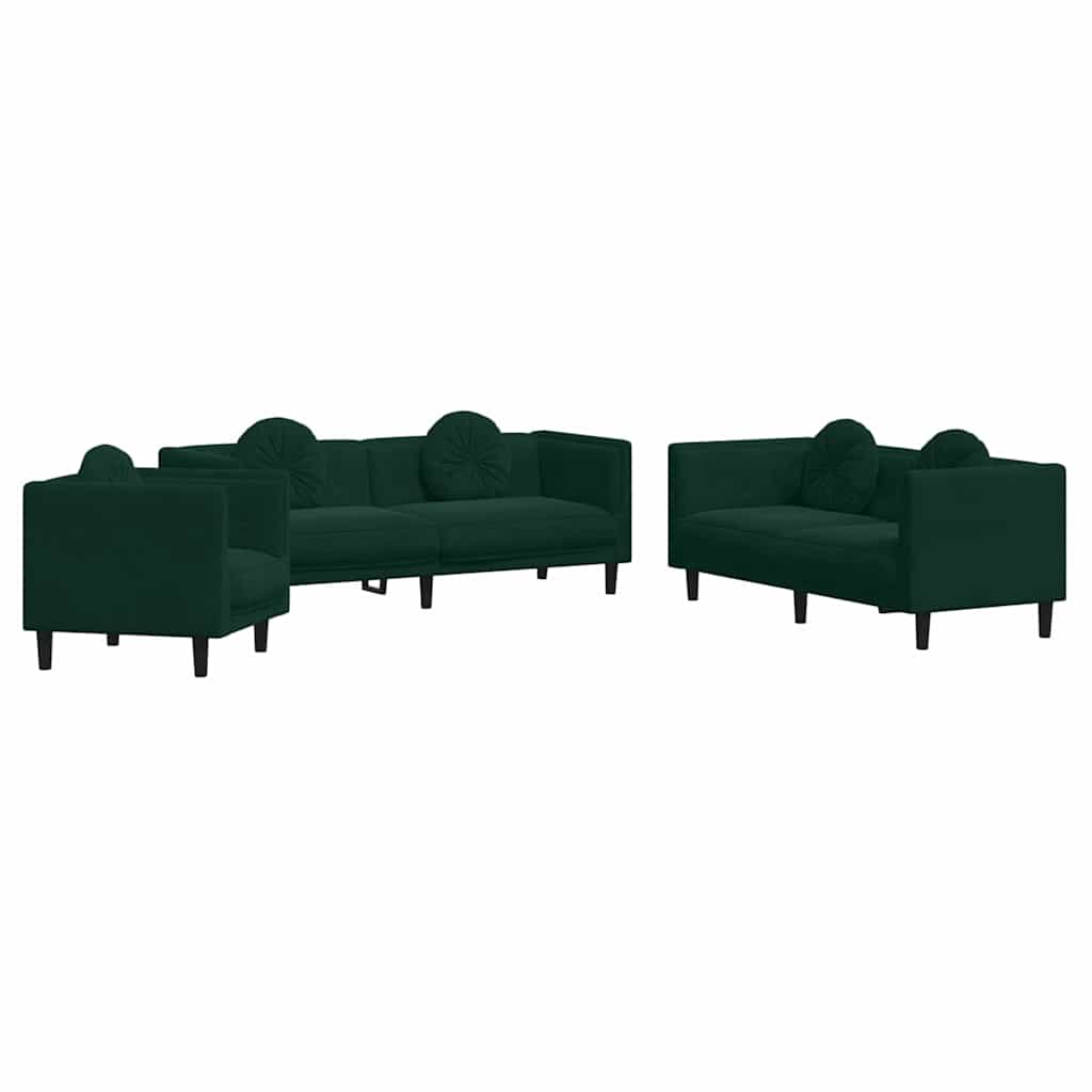 sofasæt 3 dele med puder velour mørkegrøn