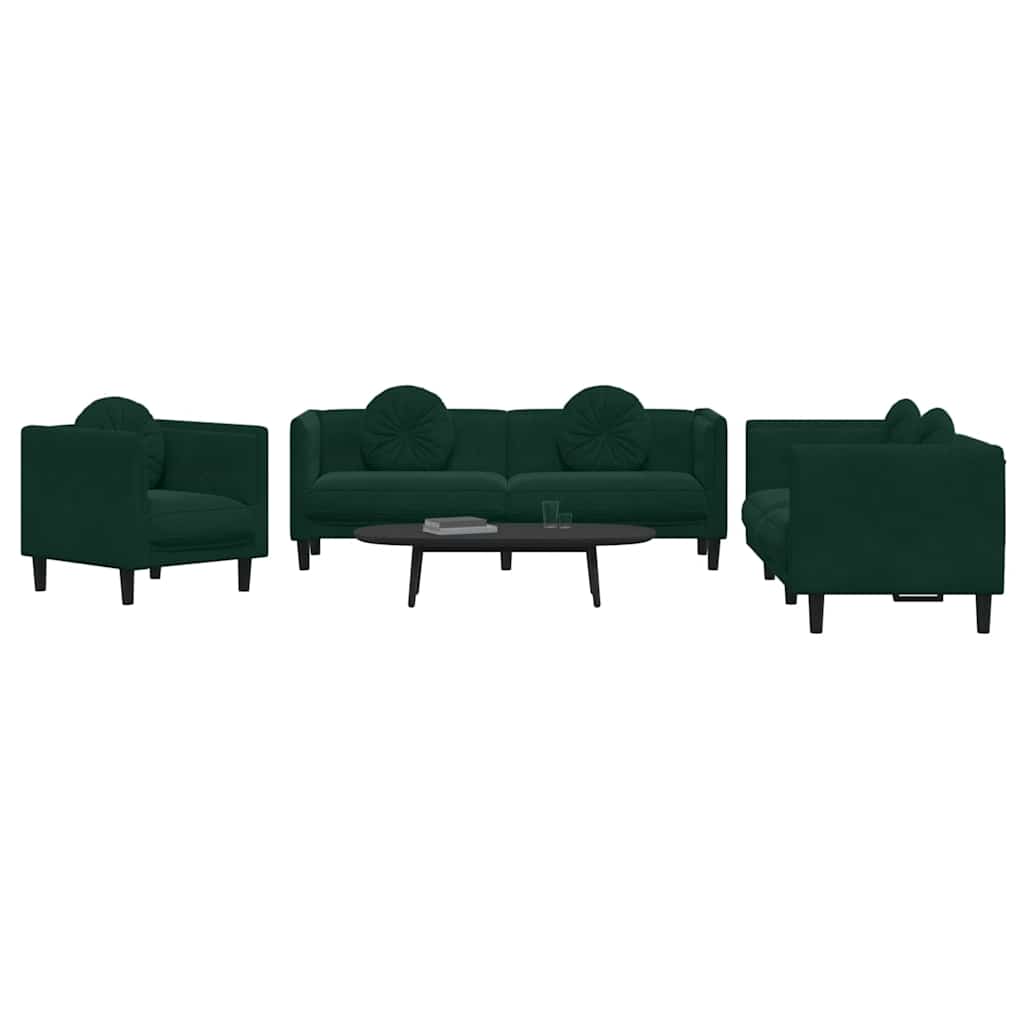 sofasæt 3 dele med puder velour mørkegrøn