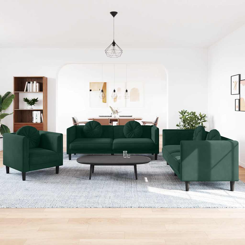 sofasæt 3 dele med puder velour mørkegrøn