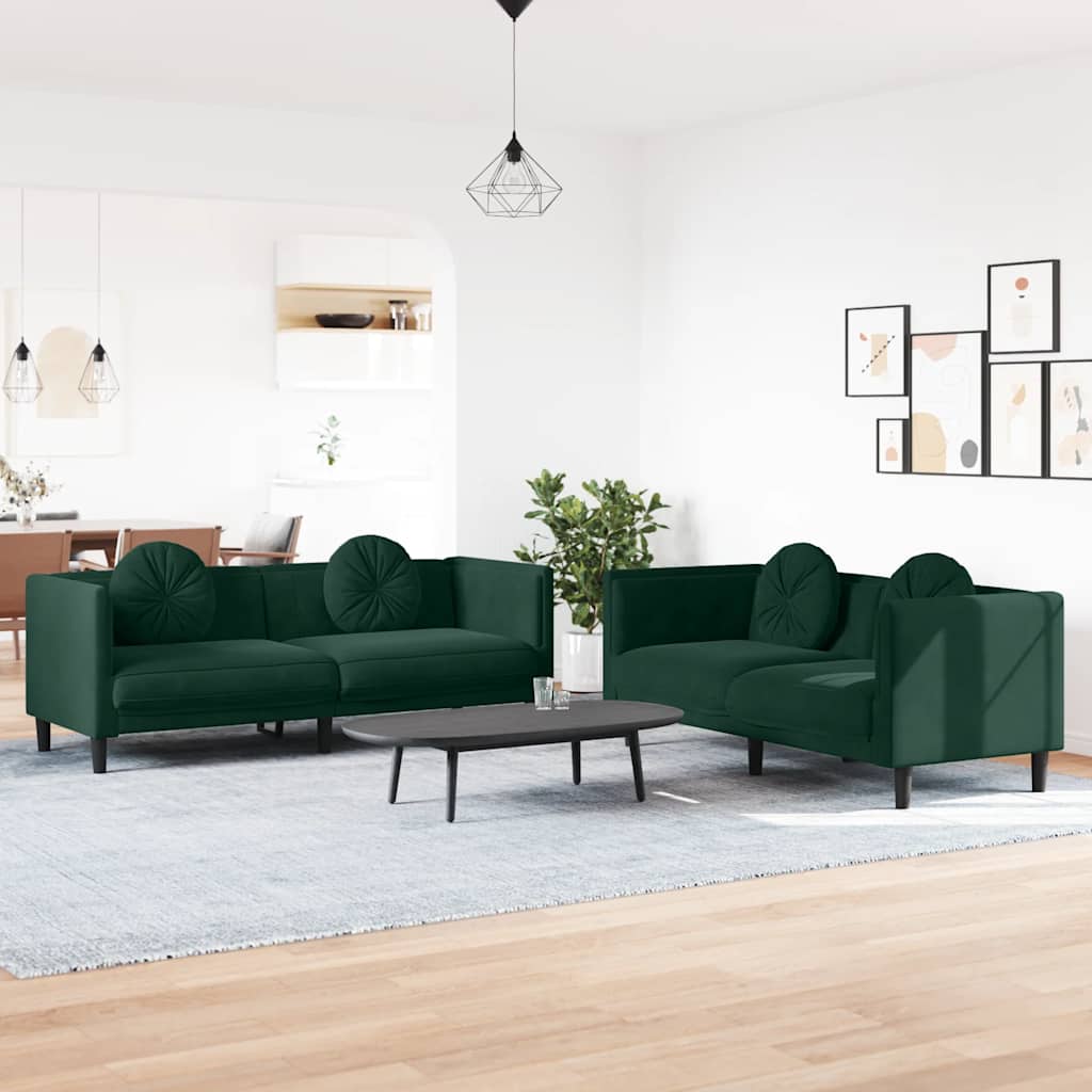 sofasæt 2 dele med puder velour mørkegrøn