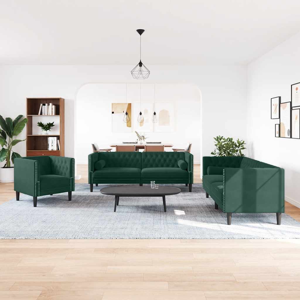 3-personers Chesterfield-sofasæt med puder fløjl mørkegrøn