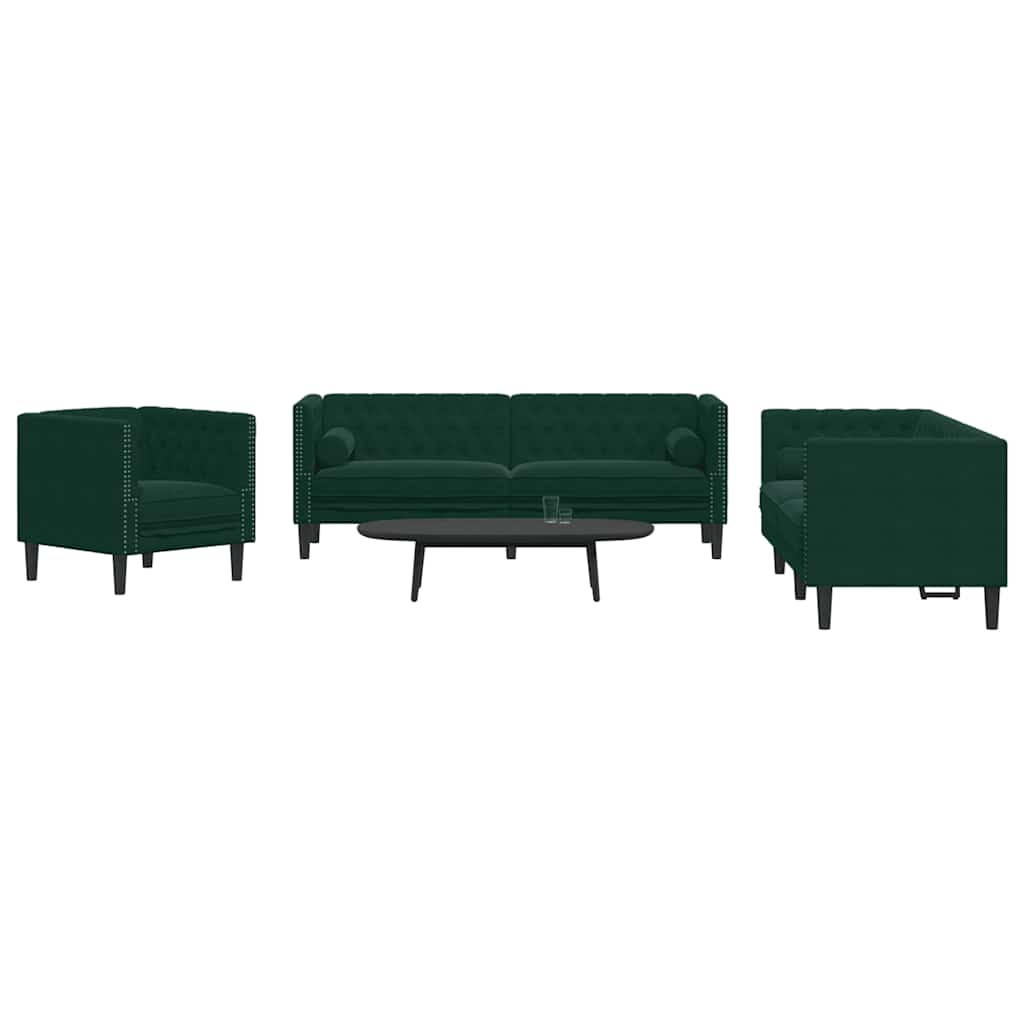 3-personers Chesterfield-sofasæt med puder fløjl mørkegrøn