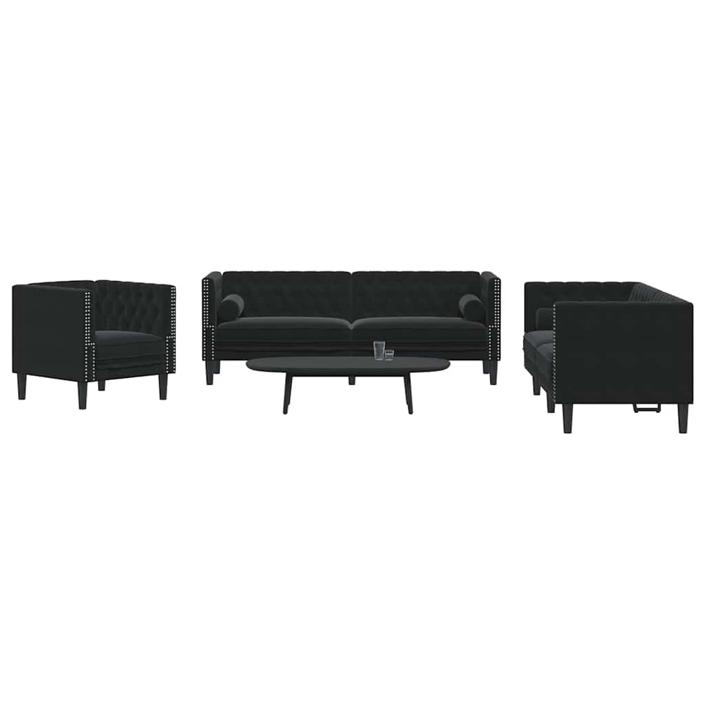 3-personers Chesterfield-sofasæt med puder fløjl sort