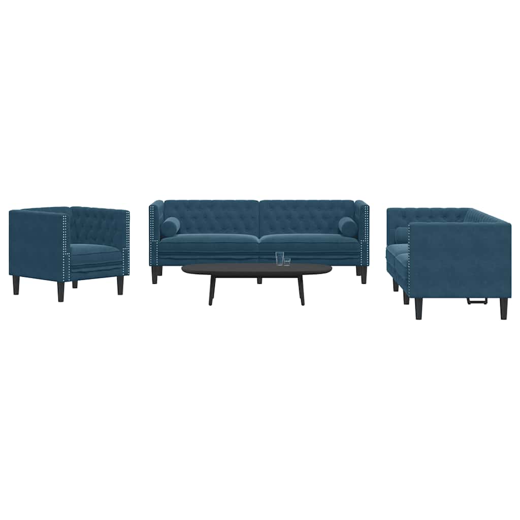 3-personers Chesterfield-sofasæt med puder fløjl blå