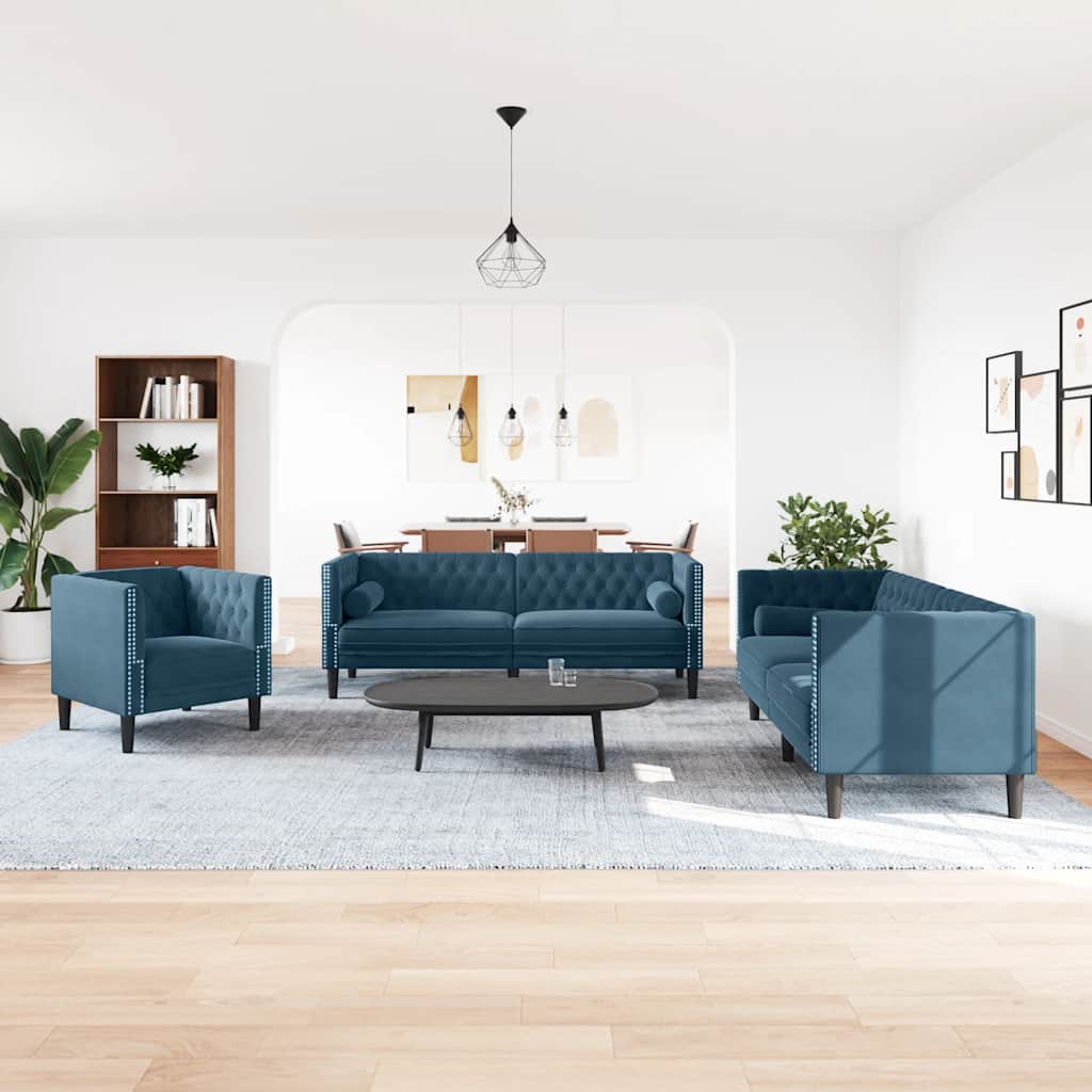 3-personers Chesterfield-sofasæt med puder fløjl blå