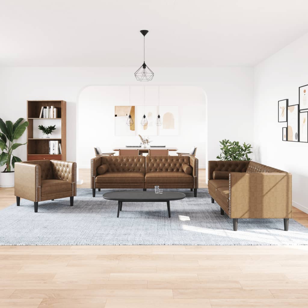 3-personers Chesterfield-sofasæt m. puder imiteret ruskind brun