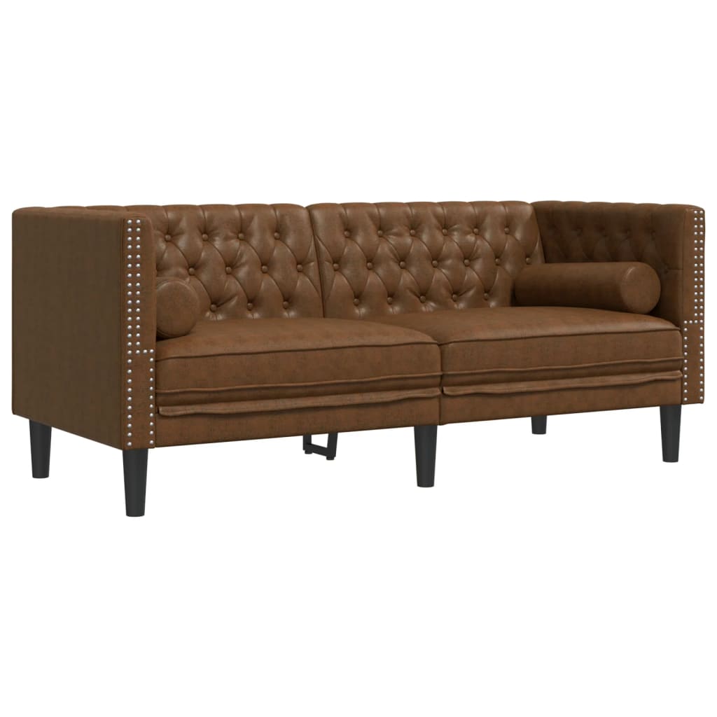 3-personers Chesterfield-sofasæt m. puder imiteret ruskind brun