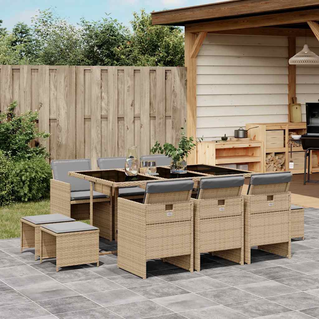 spisebordssæt til haven 11 dele med hynder polyrattan beige