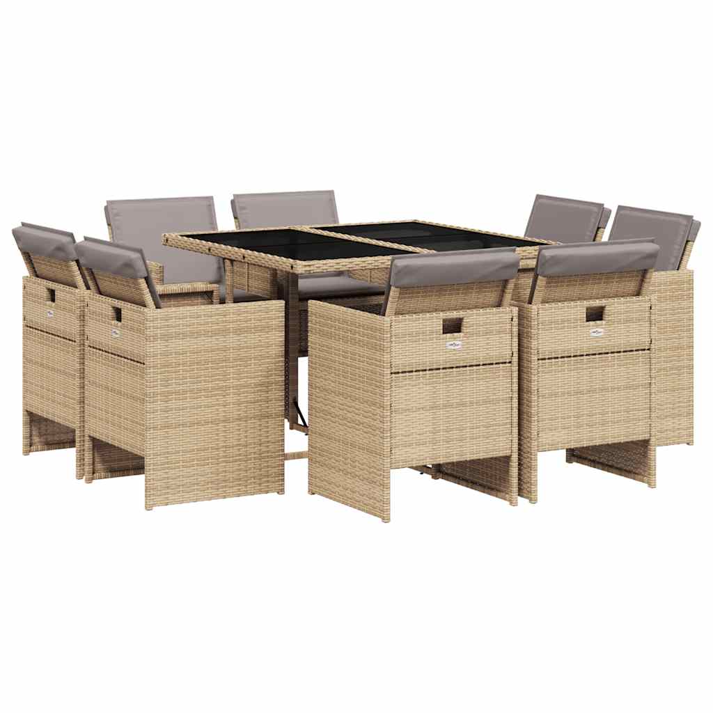 spisebordssæt til haven 9 dele med hynder polyrattan beige
