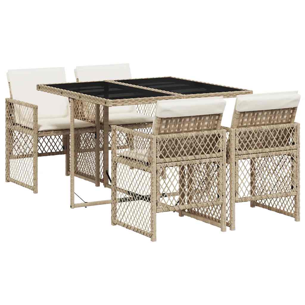 spisebordssæt til haven 5 dele med hynder polyrattan beige