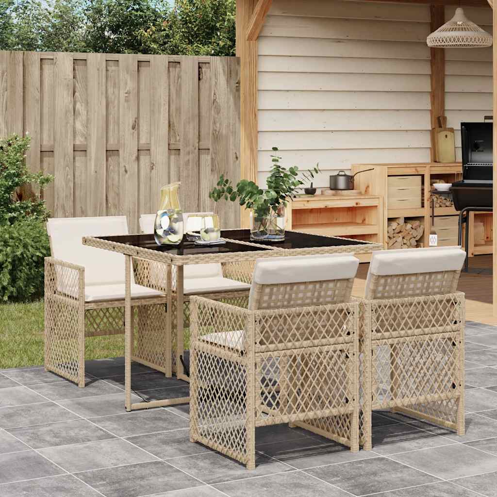 spisebordssæt til haven 5 dele med hynder polyrattan beige
