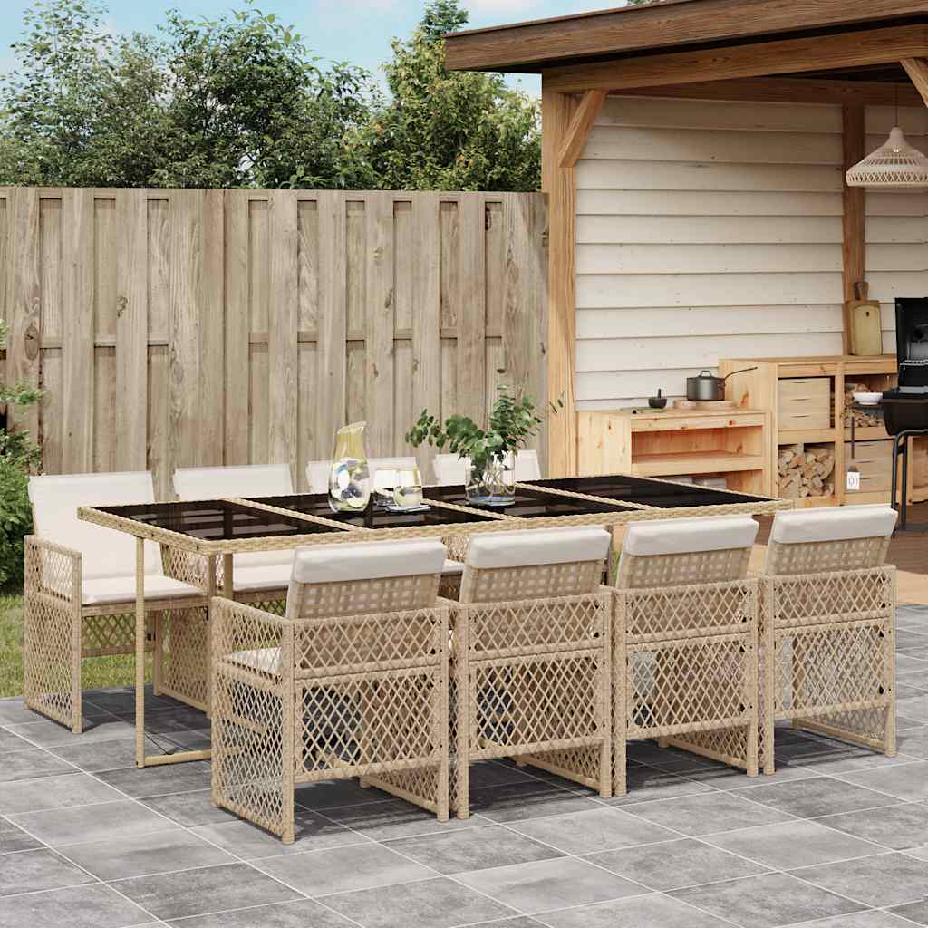 spisebordssæt til haven 9 dele med hynder polyrattan beige