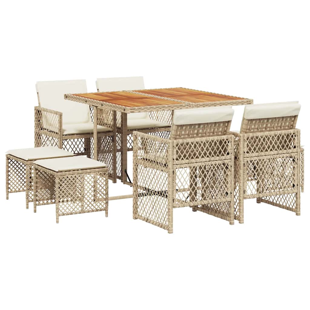 spisebordssæt til haven 9 dele med hynder polyrattan beige