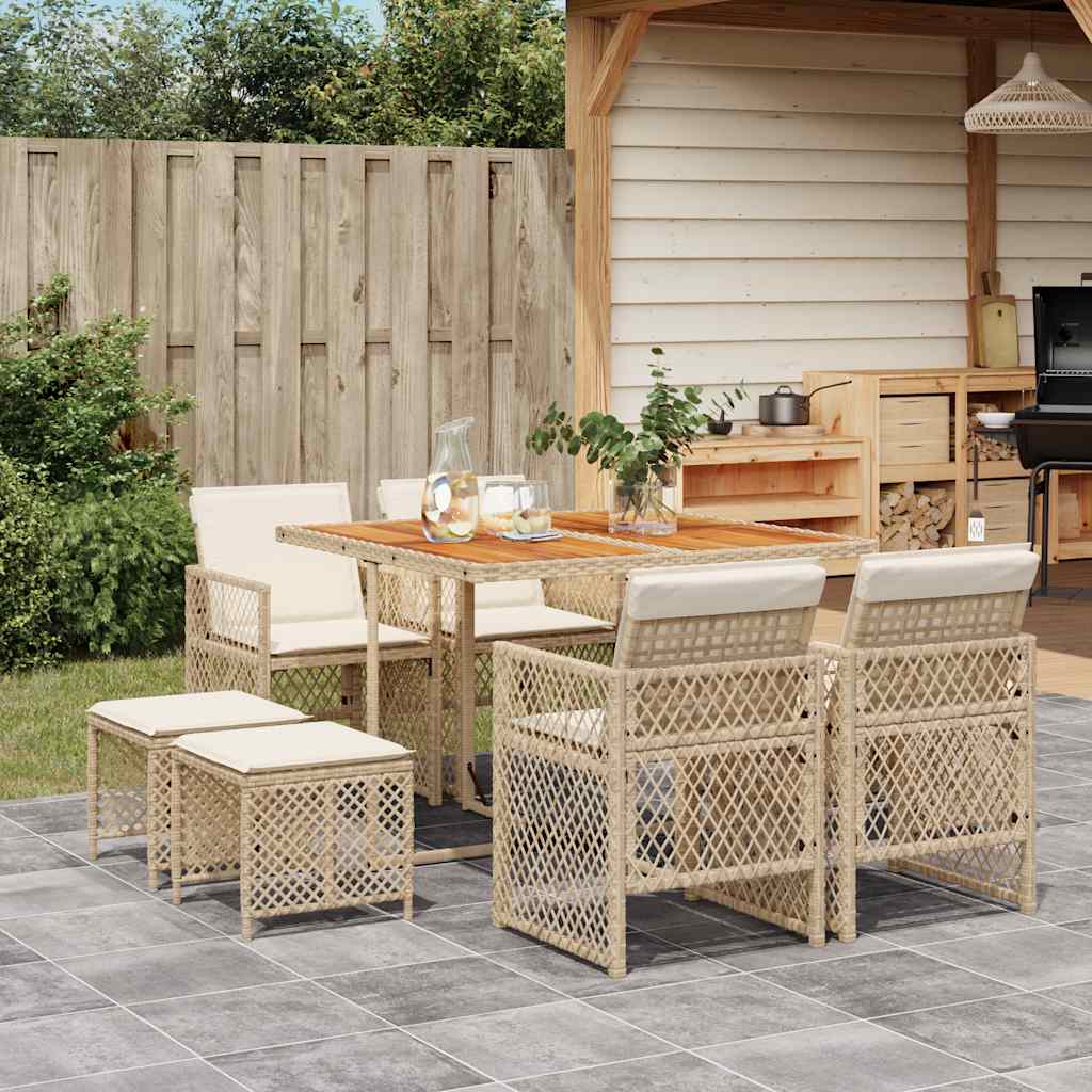 spisebordssæt til haven 9 dele med hynder polyrattan beige