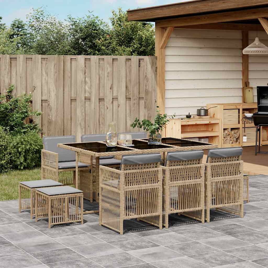 spisebordssæt til haven 11 dele med hynder polyrattan beige