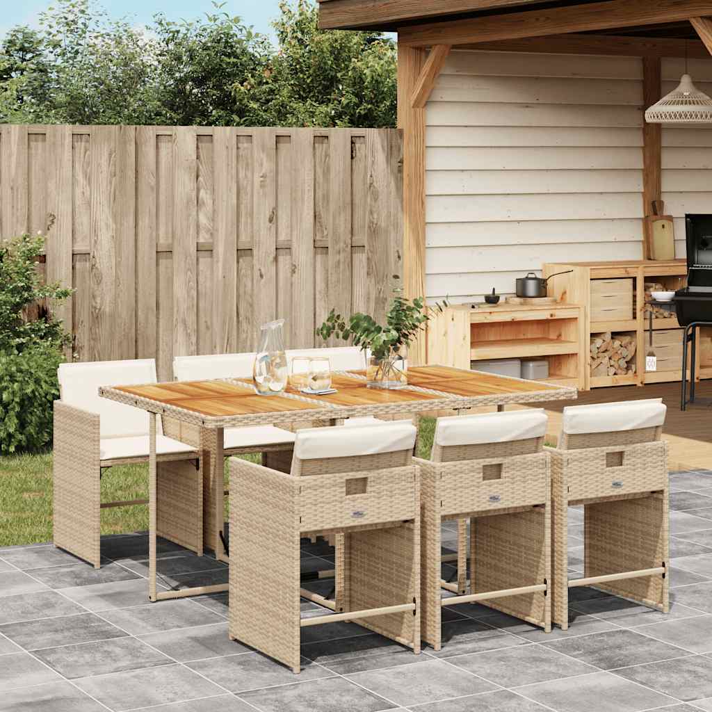 spisebordssæt til haven 7 dele med hynder polyrattan beige