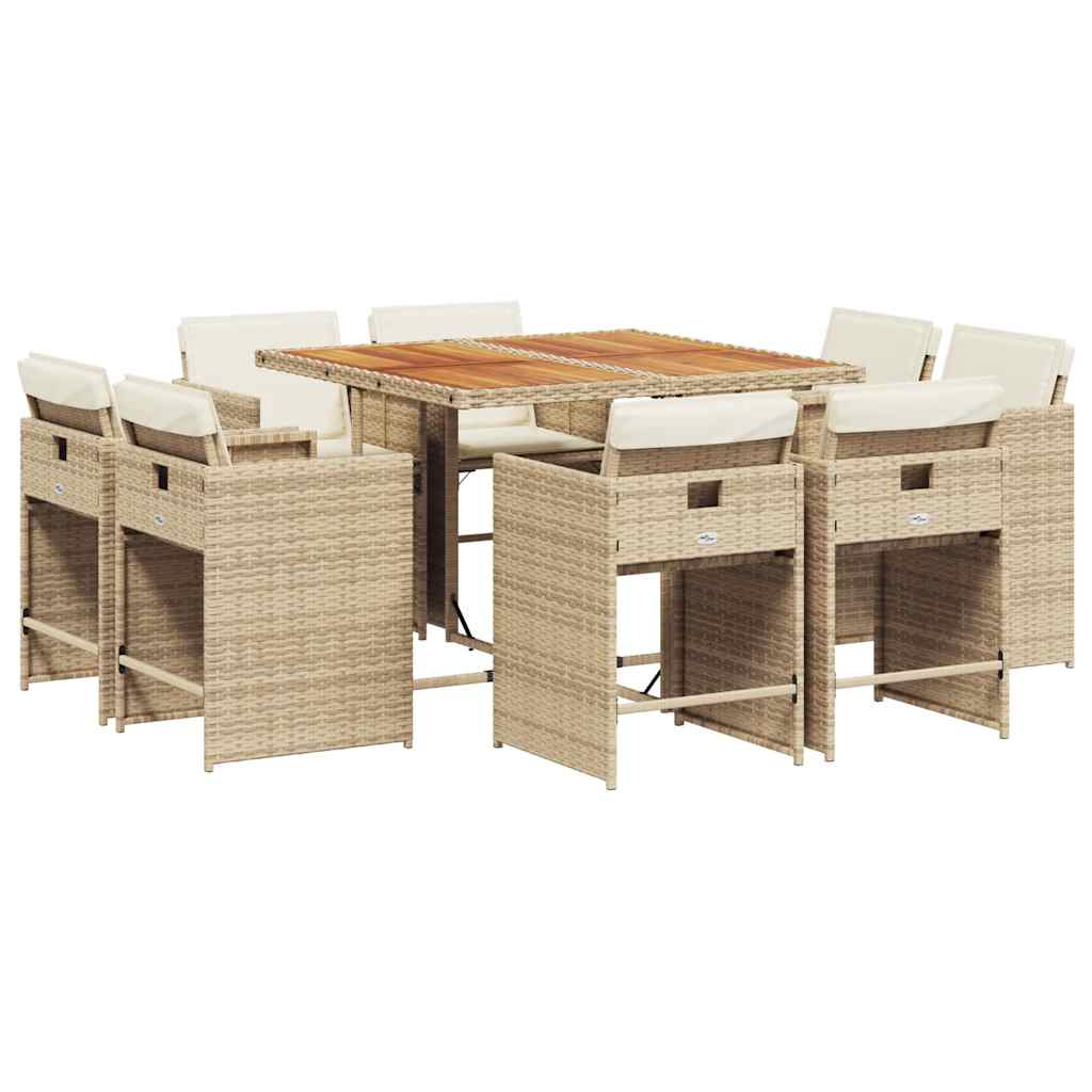 spisebordssæt til haven 9 dele med hynder polyrattan beige