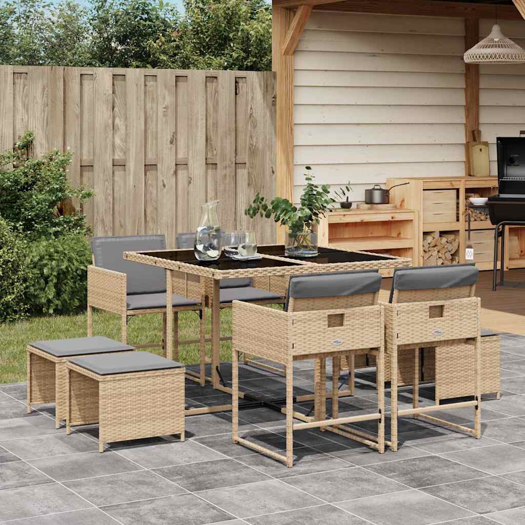 spisebordssæt til haven 9 dele med hynder polyrattan beige