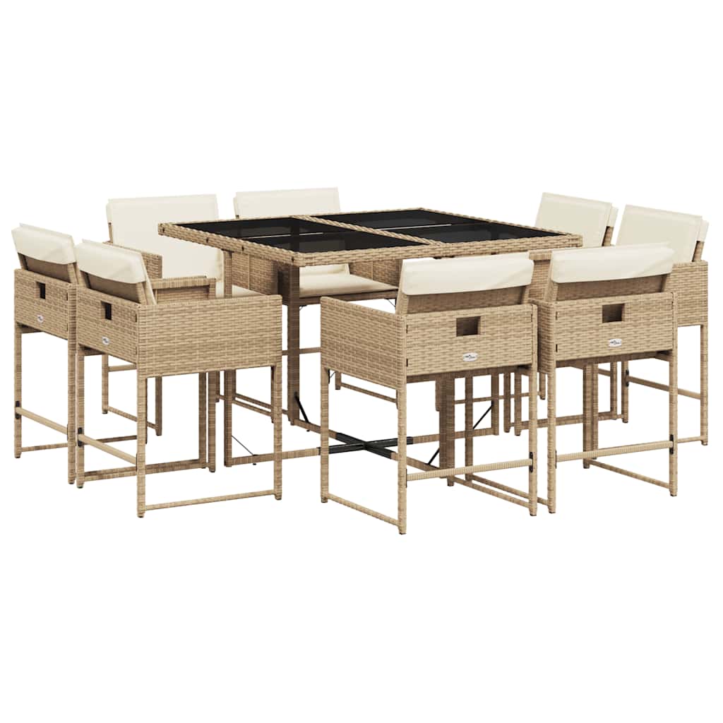 spisebordssæt til haven 9 dele med hynder polyrattan beige