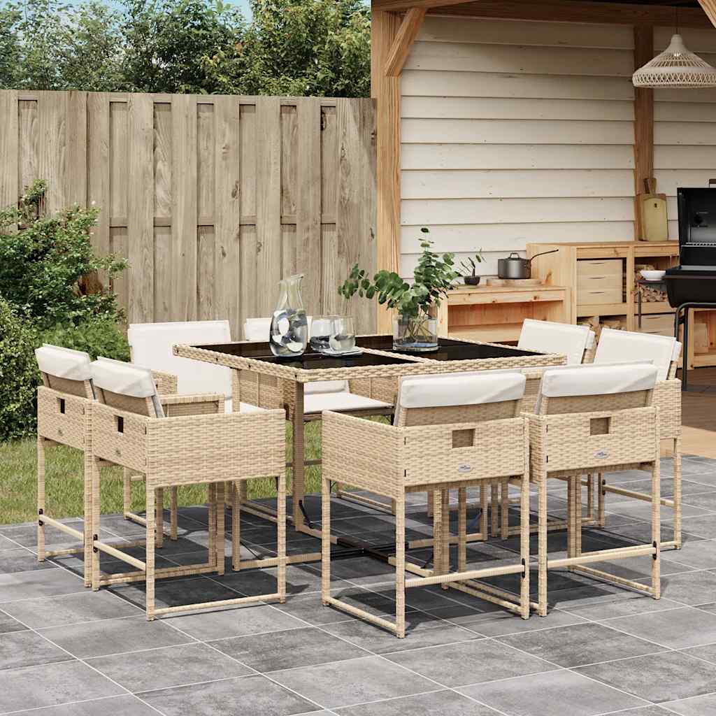 spisebordssæt til haven 9 dele med hynder polyrattan beige