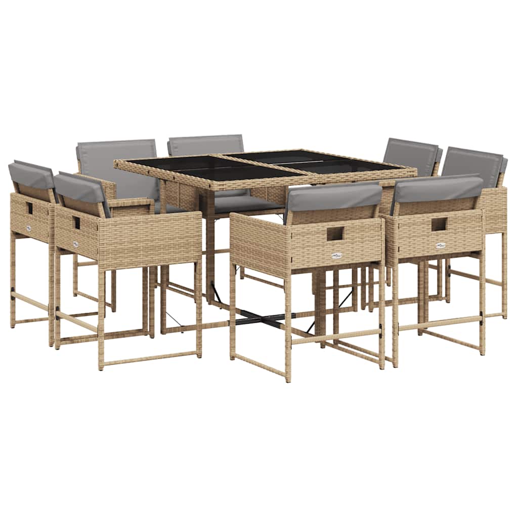 spisebordssæt til haven 9 dele med hynder polyrattan beige