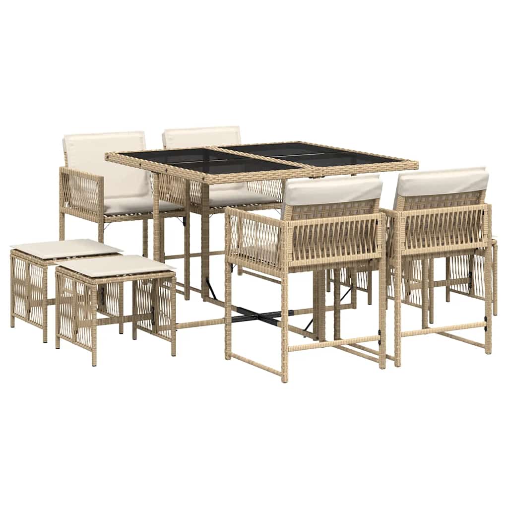 spisebordssæt til haven 9 dele med hynder polyrattan beige
