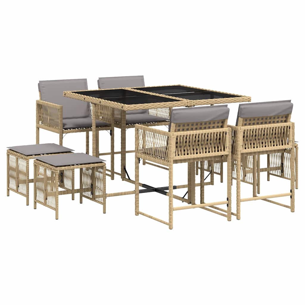 spisebordssæt til haven 9 dele med hynder polyrattan beige
