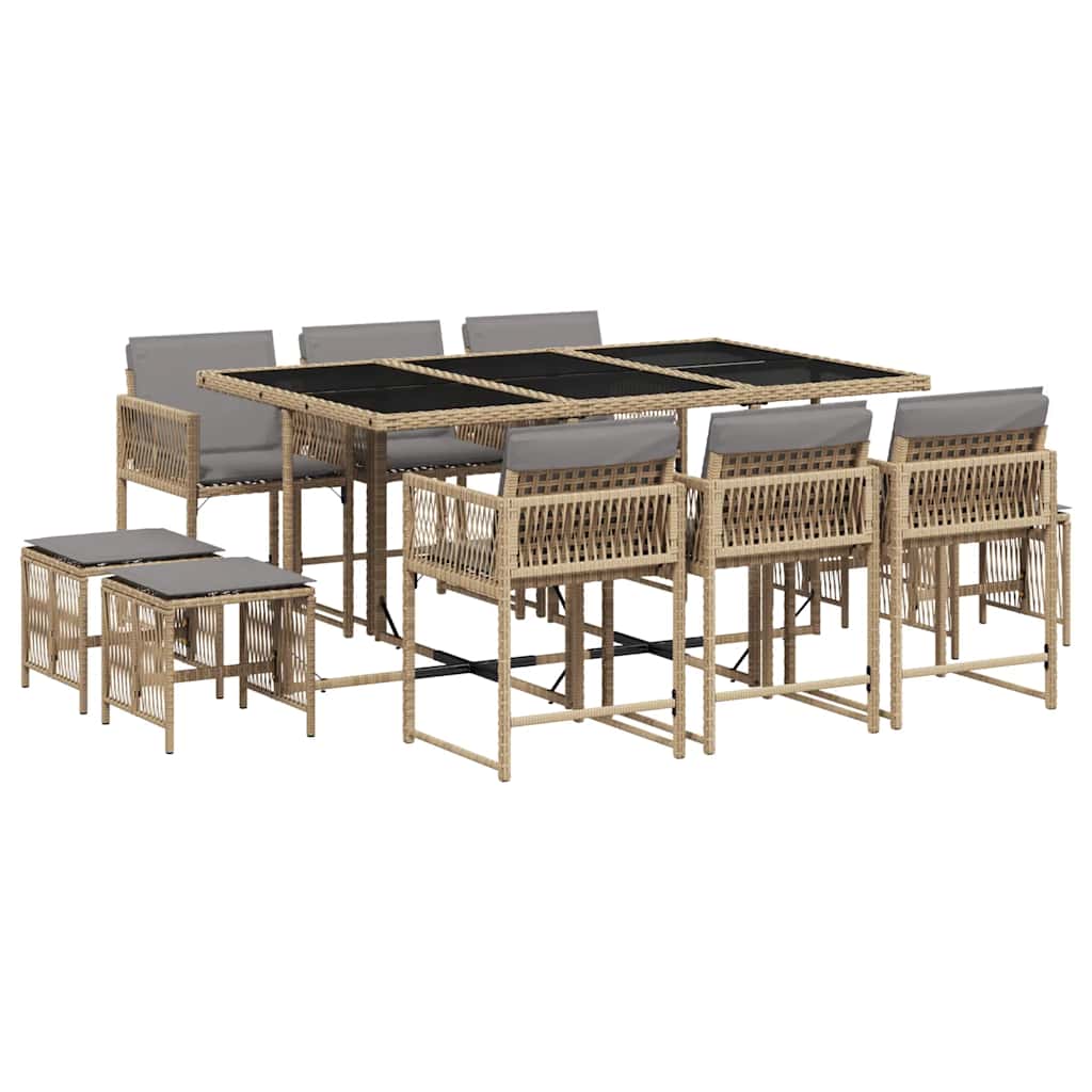 spisebordssæt til haven 11 dele med hynder polyrattan beige
