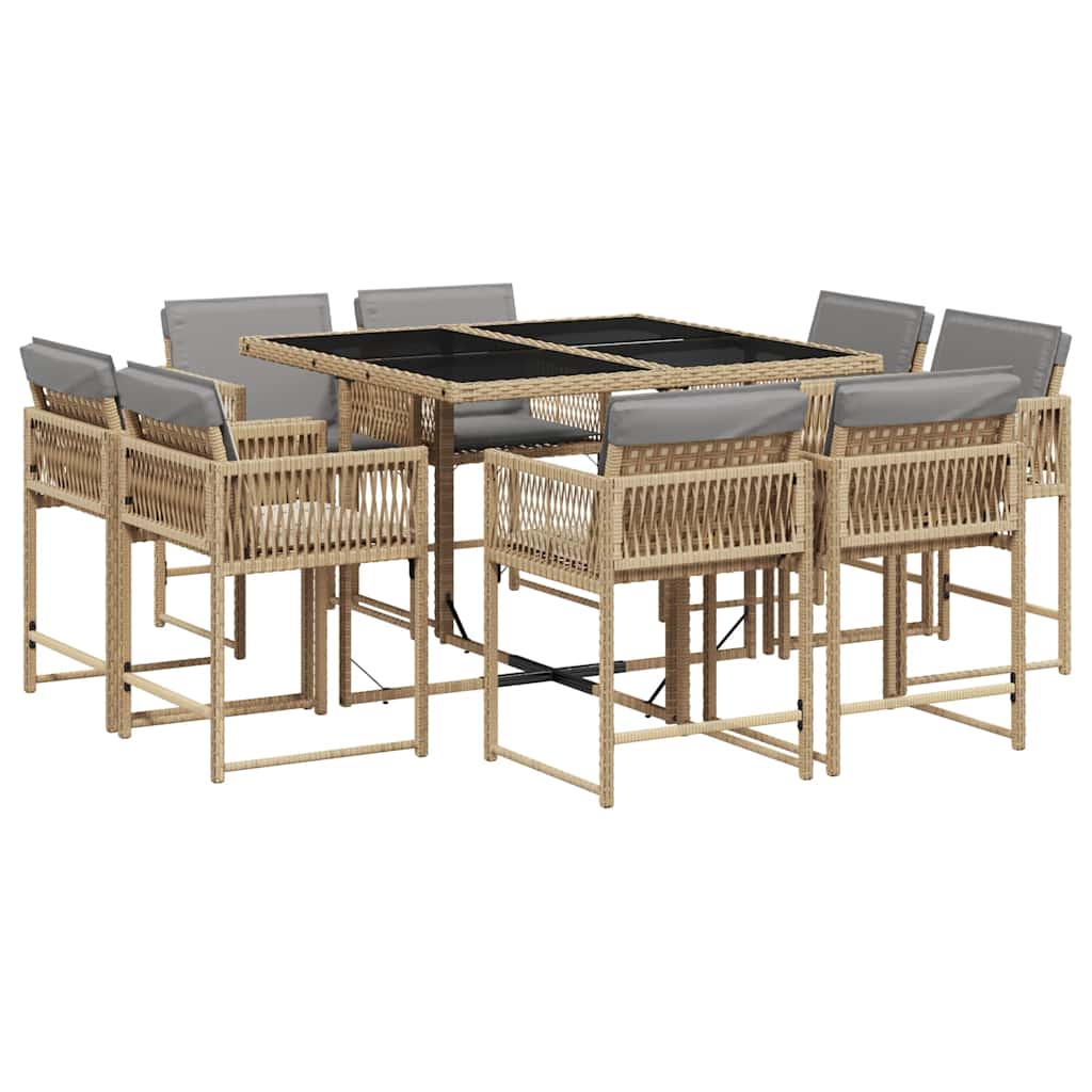 spisebordssæt til haven 9 dele med hynder polyrattan beige