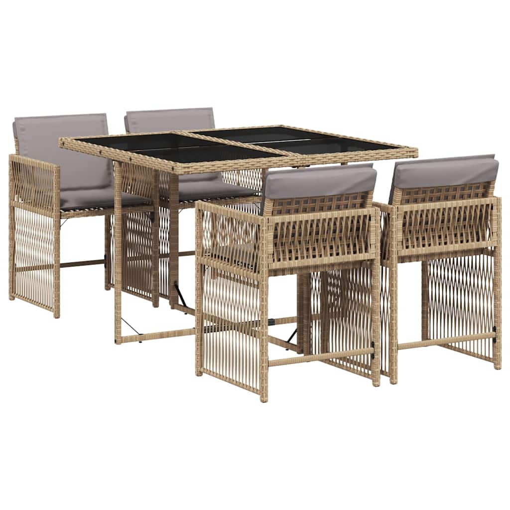 spisebordssæt til haven 5 dele med hynder polyrattan beige