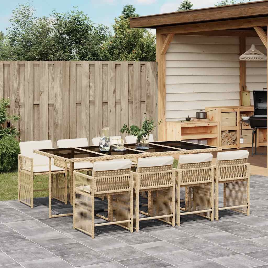 spisebordssæt til haven 9 dele med hynder polyrattan beige