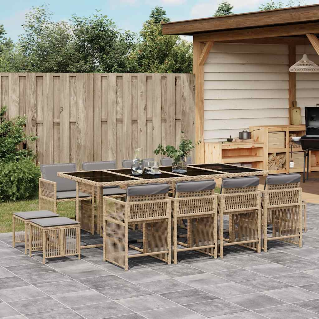 spisebordssæt til haven 13 dele med hynder polyrattan beige