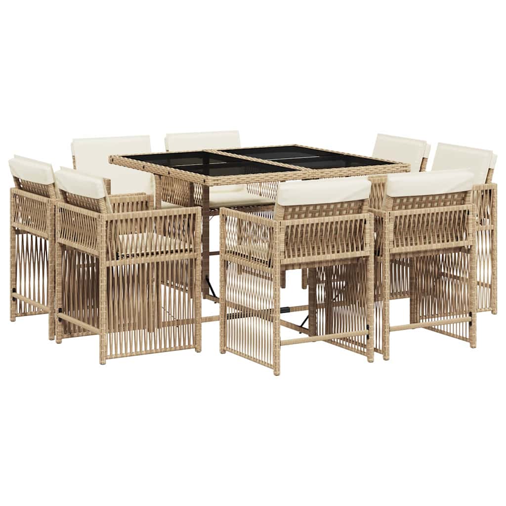spisebordssæt til haven 9 dele med hynder polyrattan beige