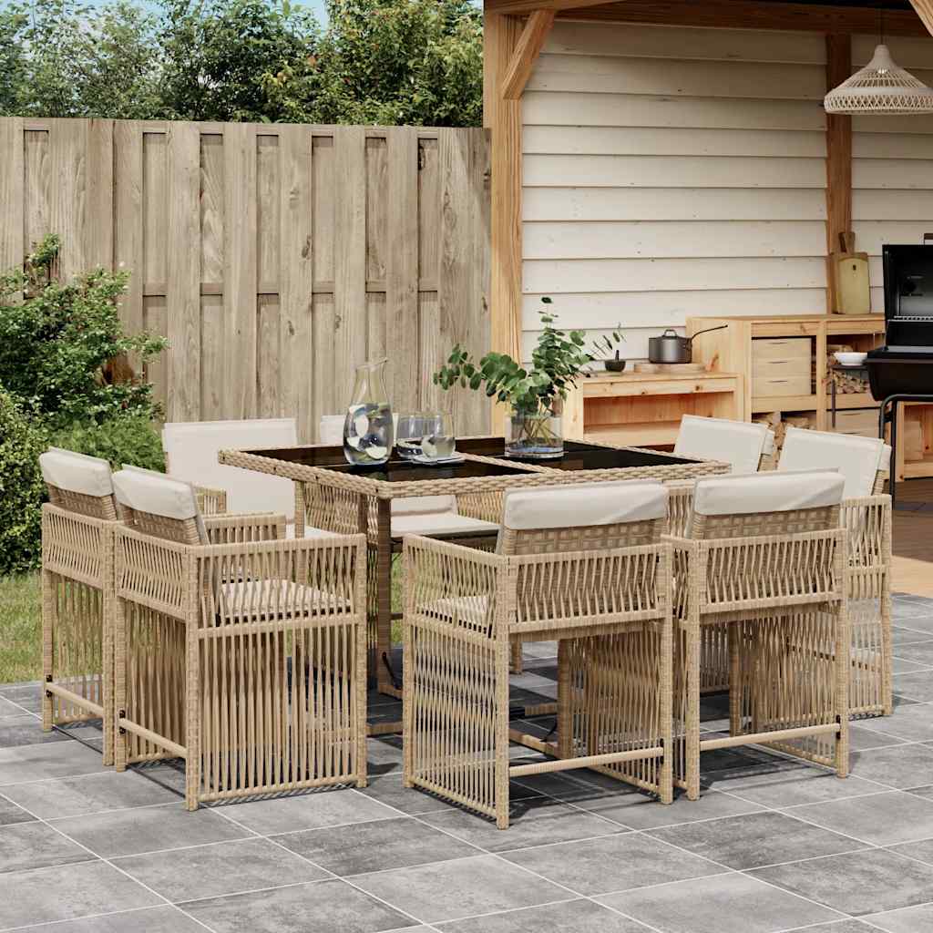 spisebordssæt til haven 9 dele med hynder polyrattan beige