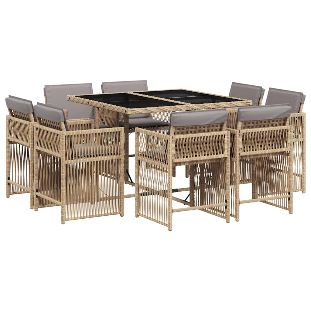 spisebordssæt til haven 9 dele med hynder polyrattan beige